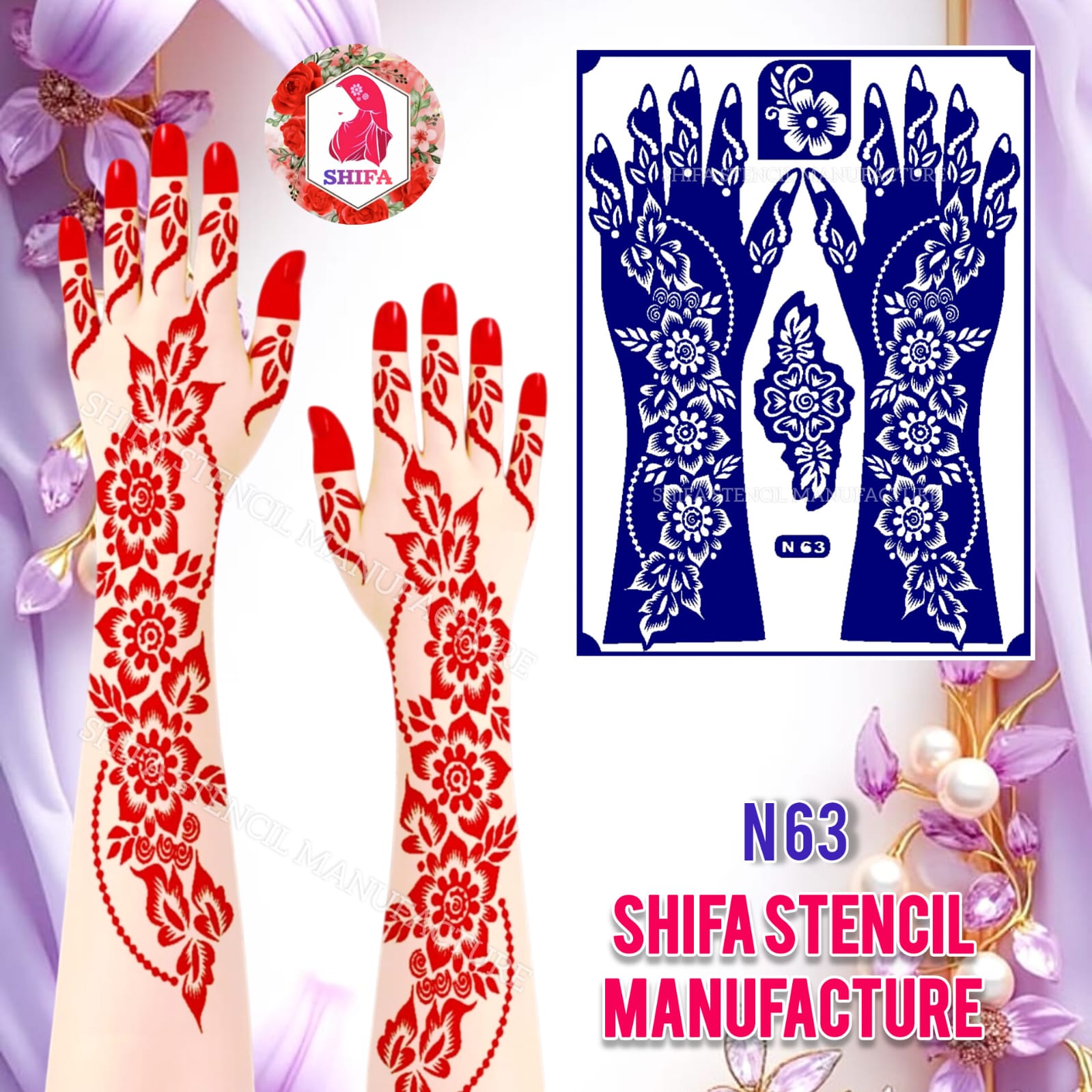 N63 – Blossom Trail Elegance Sticker Overview Henna Stencil - Shifa Stencil
